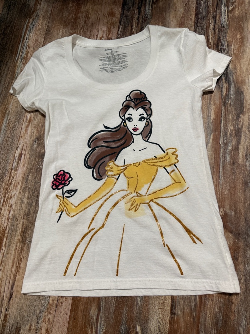 Disney White Short Sleeve Belle Graphic Tee with Gold and Pink Accents